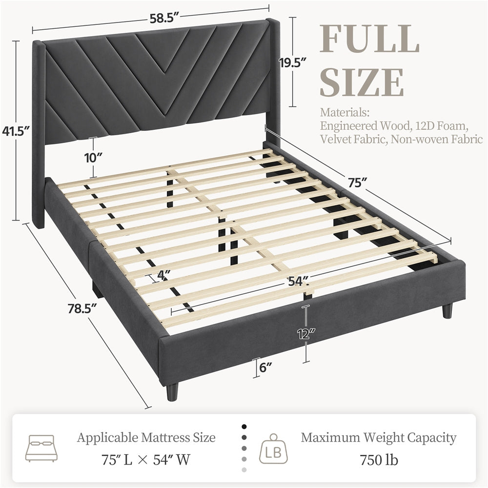 Velvet Platform Bed Frame by Costoffs with Wingback Headboard and Geometric Stitching, Wooden Slat Support, No Box Spring Needed, Twin to King Options