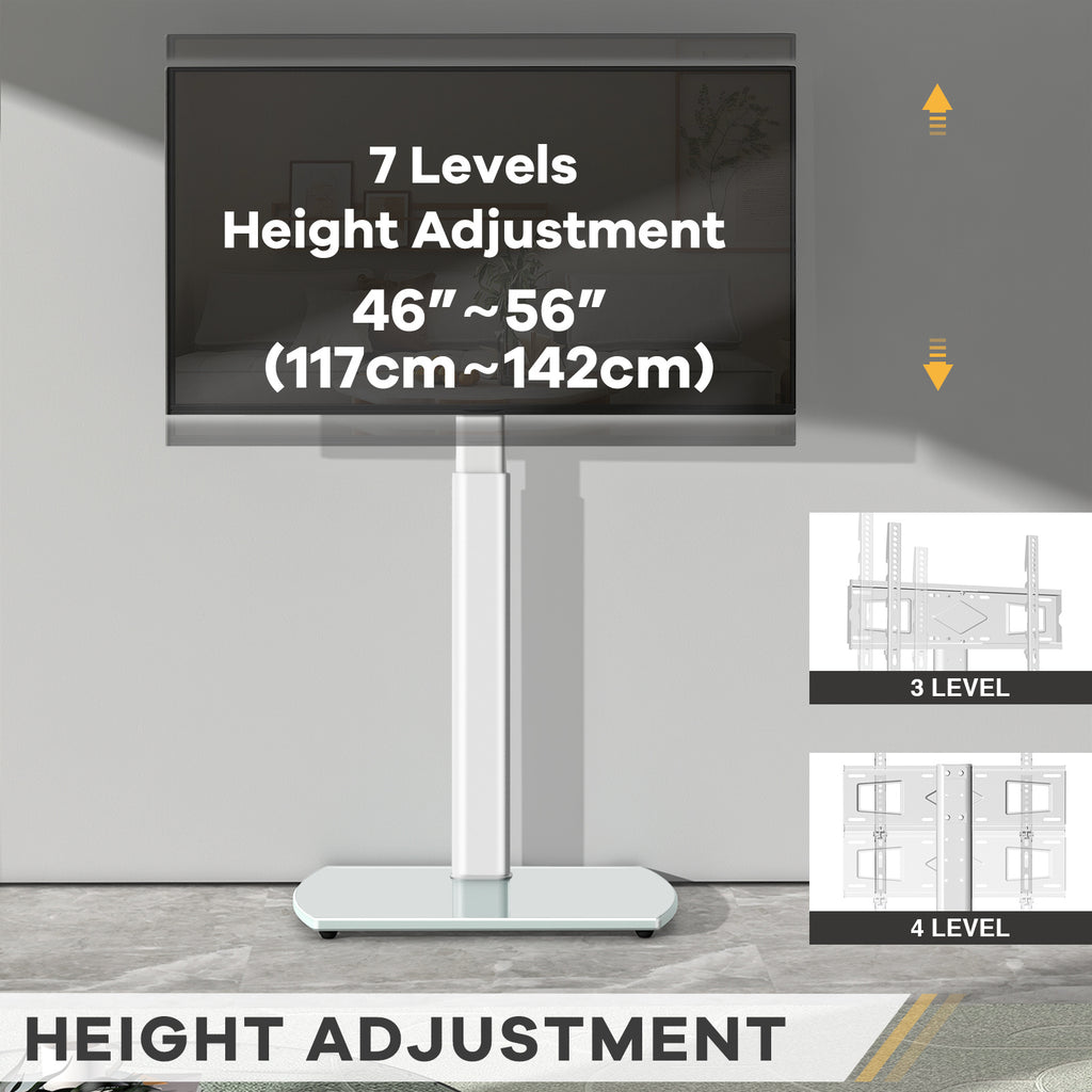 Swivel TV Floor Stand with Adjustable Height and Tempered Glass Base, Cable Management and Black or White Options for Compatible 32–65 Inch Television Setups