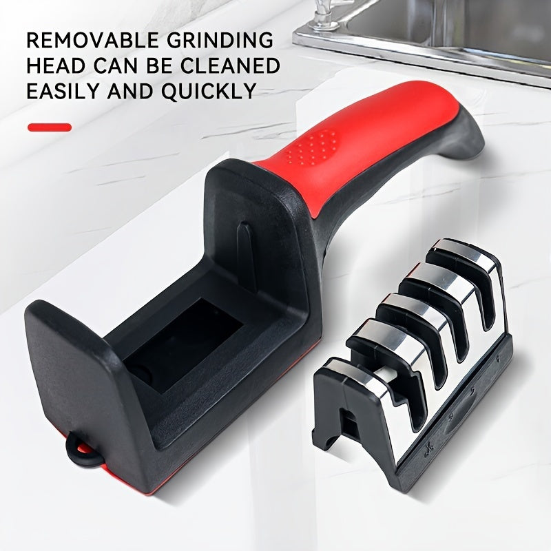 4-Stage Knife Sharpener with Non-Slip Grip, Red and Black Kitchen Edge-Care Tool with Listed Tungsten, Diamond and Ceramic Abrasives for Compatible Knives