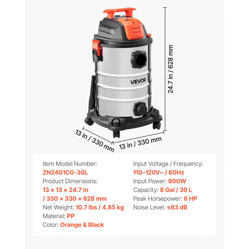 Commercial Wet Dry Vacuum Cleaner with Listed 120V US Plug, Corded S001 Model Reference and Filter, 22L or 30L Plastic Capacity Options for Cleanup