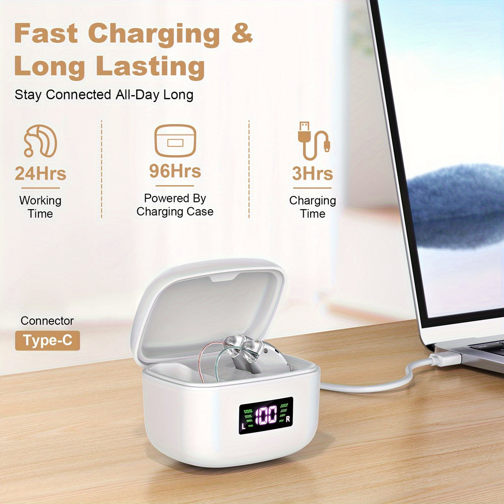 Rechargeable Hearing Amplifier with Listed Magnetic Charging Case, Silicone Ear Tips and Adjustable Listening Wording in TM802 Brown or Silvery Options for Adults