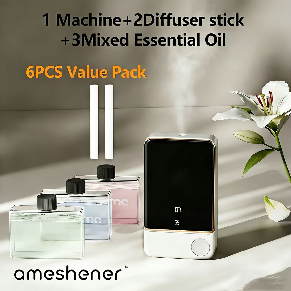 S6 Aroma Diffuser Package Options with Listed 1800mAh Battery, Seven-Speed Control and Digital Display, Essential Oil Set or Machine with Diffusion Rod Labels