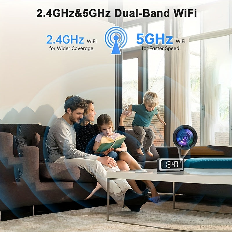 Alarm Clock Security Camera with 2K Video, Dual-Band 2.4GHz and 5GHz WiFi, Color Night Vision, Motion Detection and Two-Way Talk, Battery or USB Power