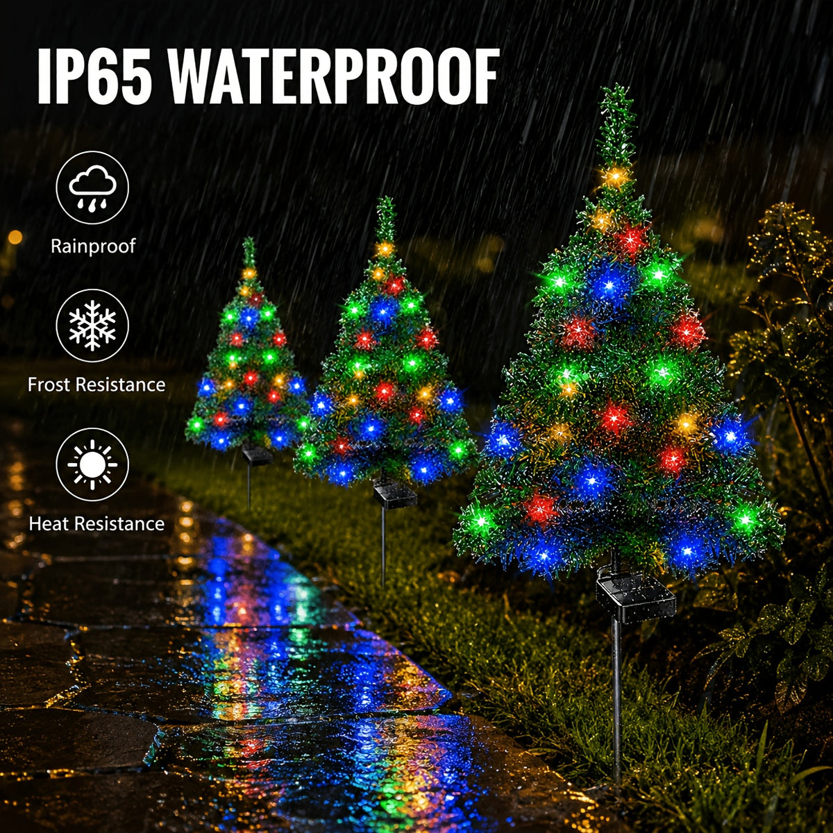 Solar Christmas Tree Lights with Listed IP65 Rating, Plastic Outdoor Holiday Decorations in One, Two or Four-Piece Options for Lawns, Terraces and Balconies