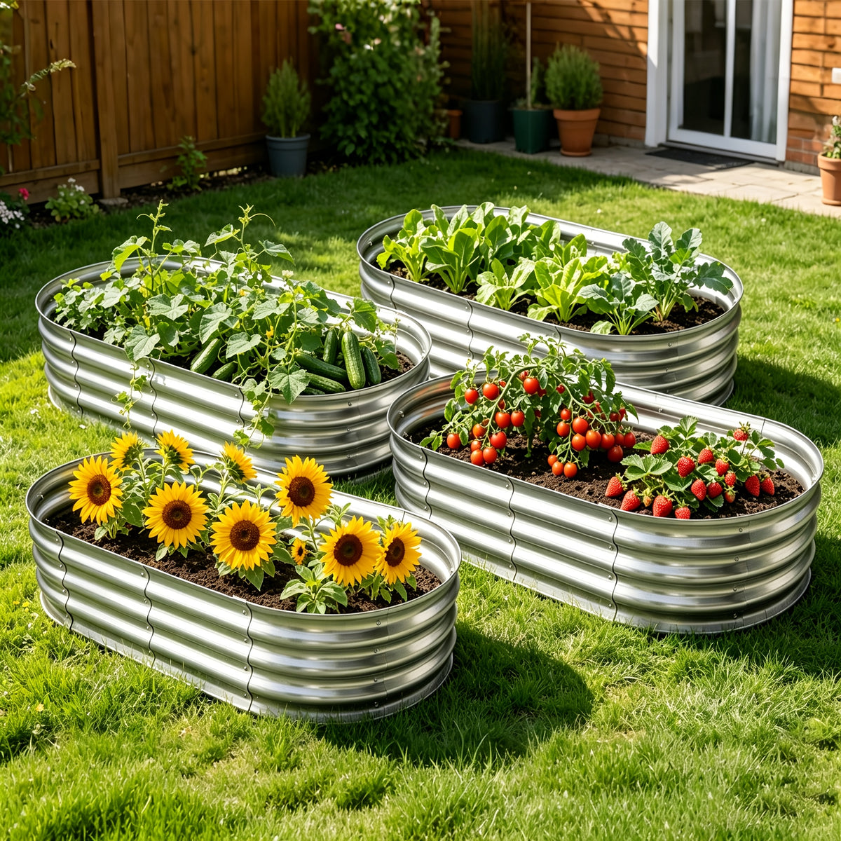 Metal Raised Garden Bed Kits with Galvanized Oval Planter Wording, Listed 4x2x1ft and 8x4x1ft Multipack Options plus Single-Bed Label for Outdoor Garden Planning