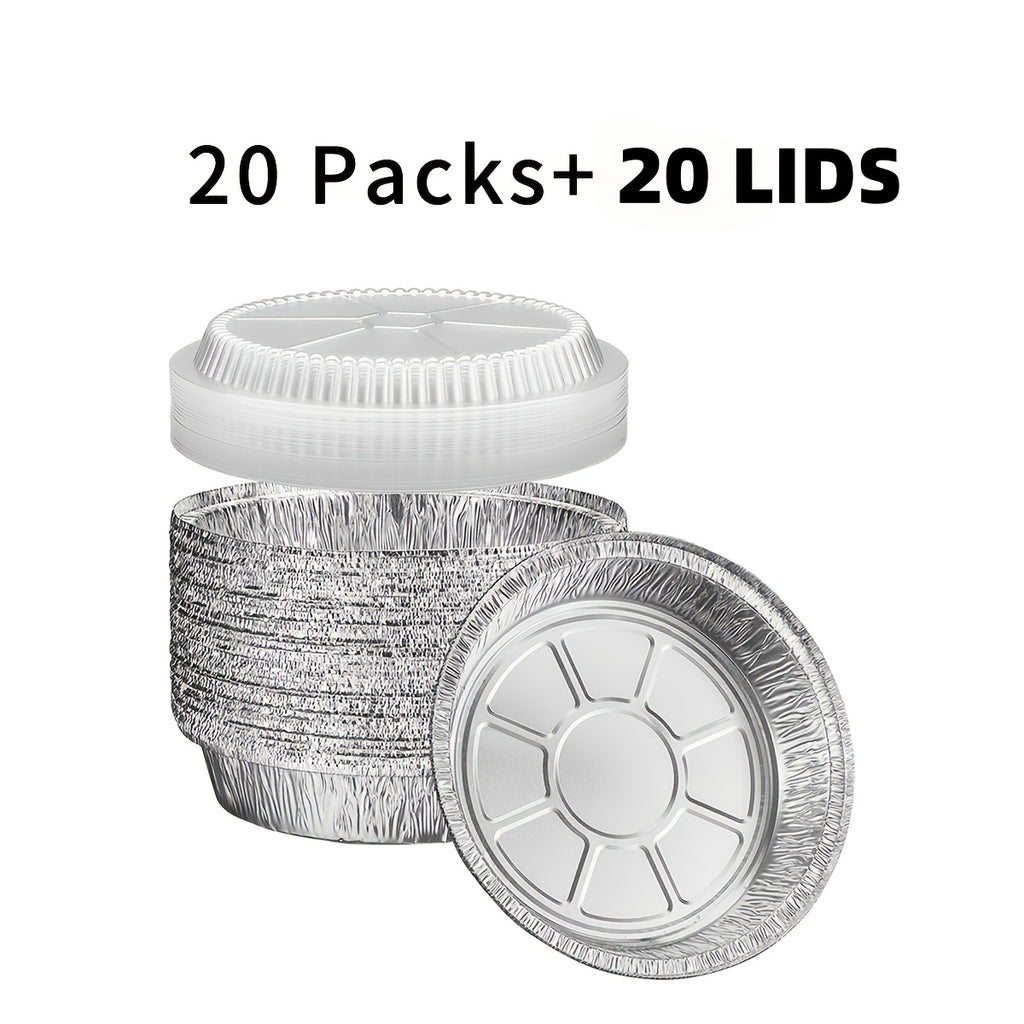 7-Inch Round Foil Baking Pans with Lids, Silvery Disposable Aluminum Set of 20 Bases and 20 Covers for Birthday Parties, Holiday Meals and Food Serving