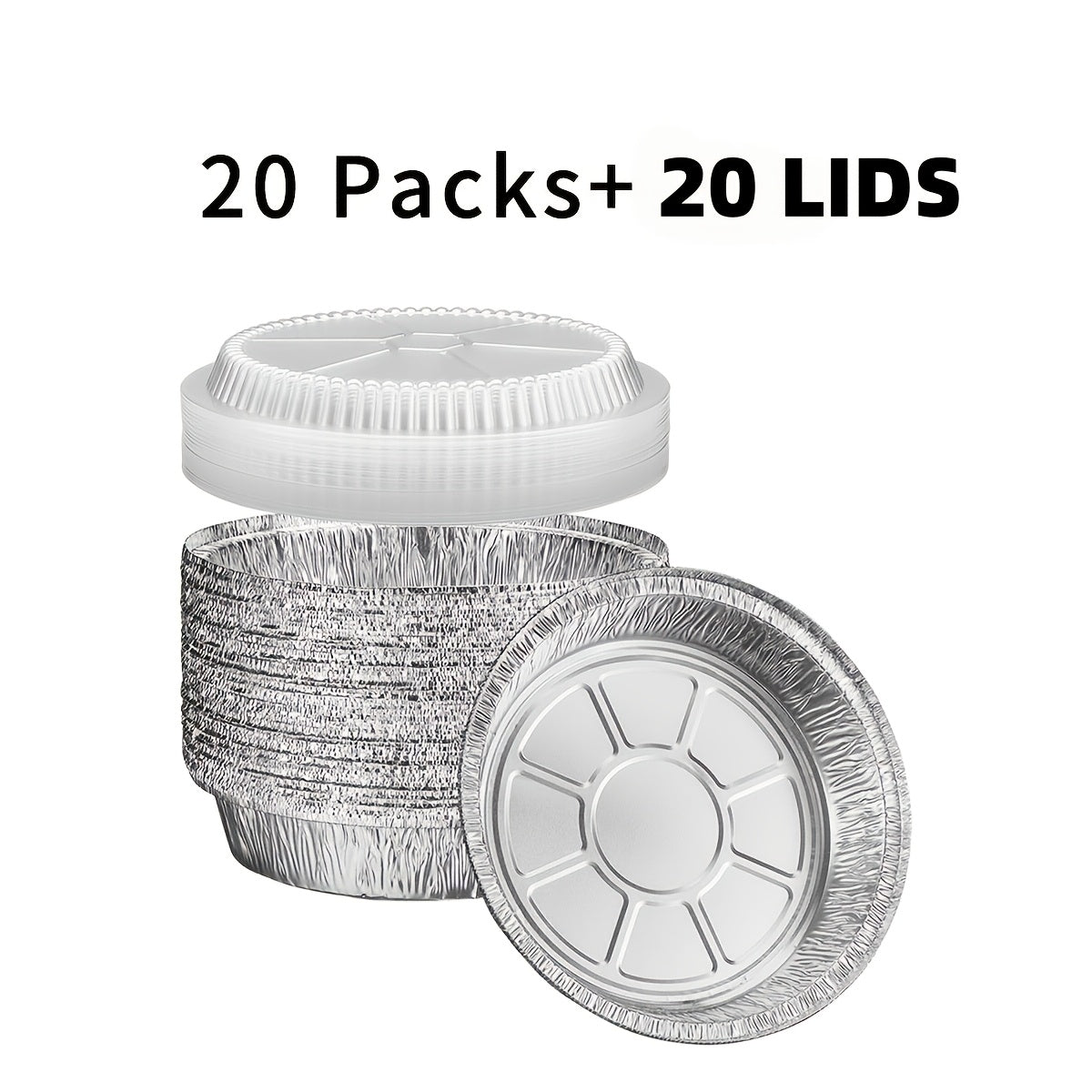 7-Inch Round Foil Baking Pans with Lids, Silvery Disposable Aluminum Set of 20 Bases and 20 Covers for Birthday Parties, Holiday Meals and Food Serving