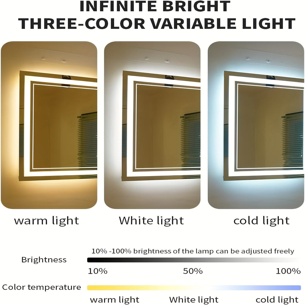 LED Bathroom Vanity Mirror with Listed Anti-Fog Function, Dimmable Three-Color Front and Back Lighting, Wall-Mounted Mirror with Multiple Size Options