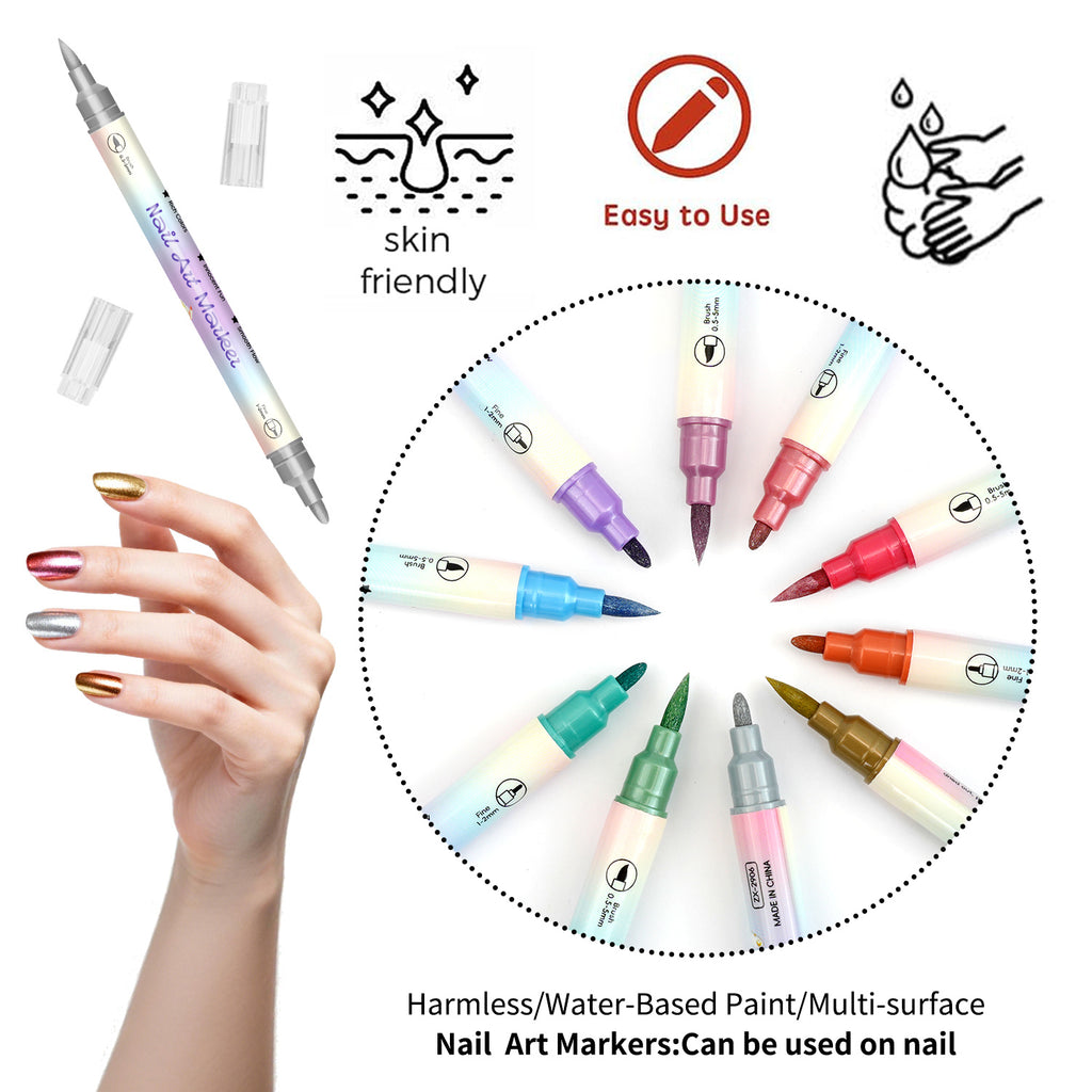 Dual-Tip Nail Art Markers 24-Piece Set, 12 Metallic and 12 Dopamine Color Acrylic Paint Pens for Graffiti-Inspired DIY Manicure Designs at Home or Salon