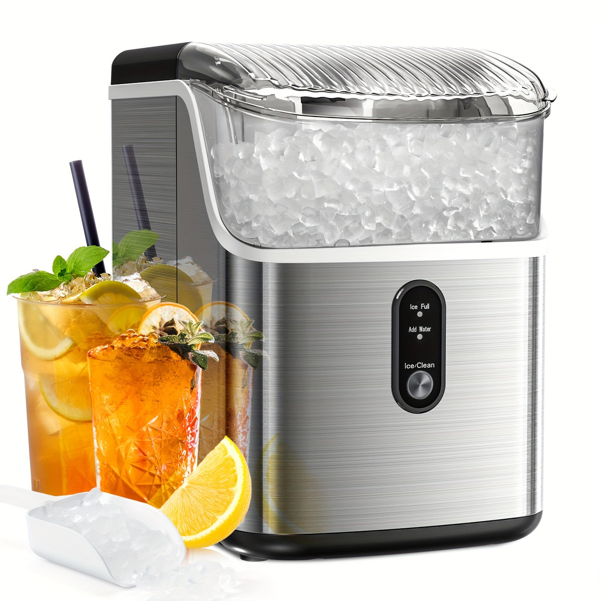 Self-Cleaning Nugget Ice Maker for Countertops with Listed 35lb Daily Output, Ice Scoop and Basket, Stainless Steel Options for Home Kitchen Drinks