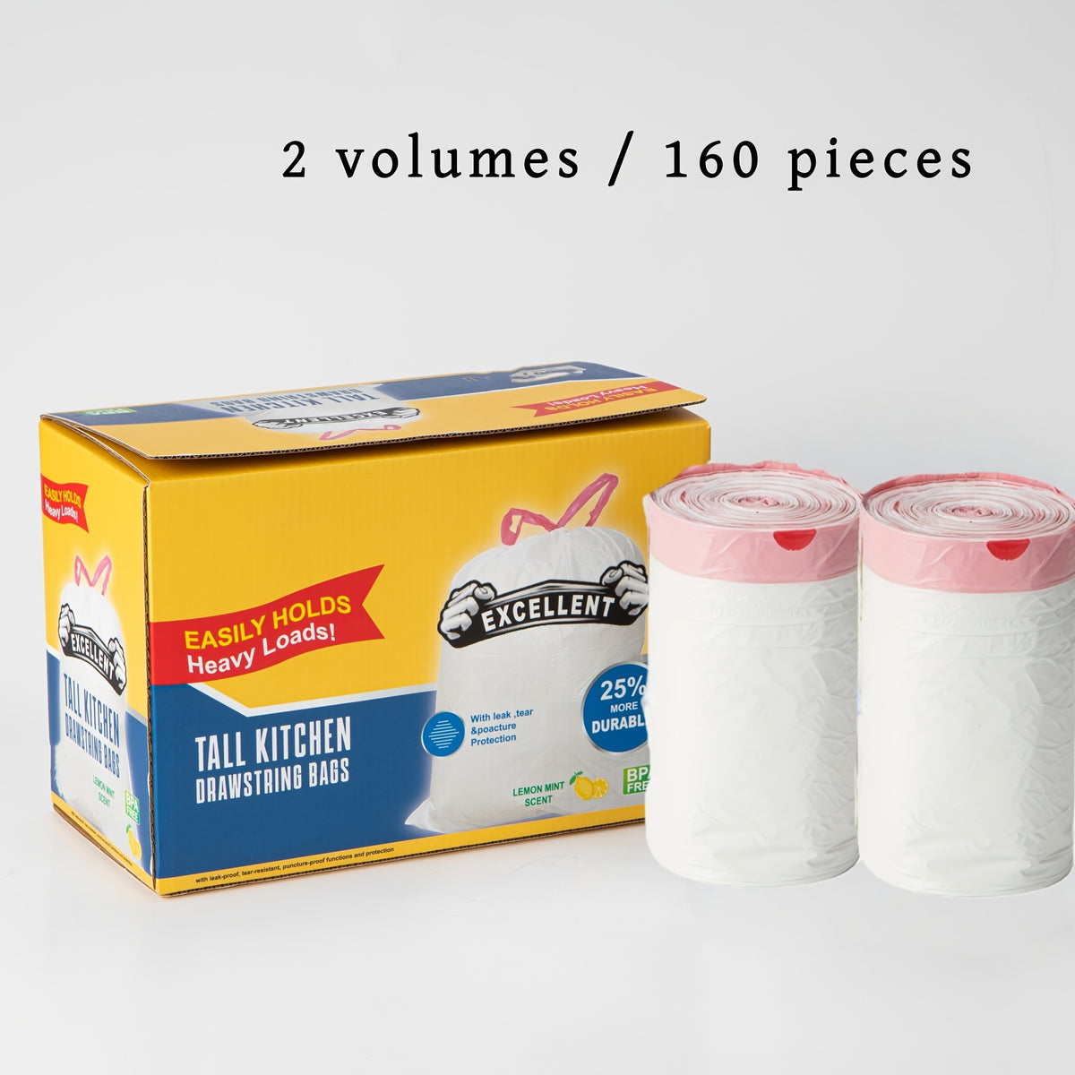 Lemon Mint Scented Trash Bags, 160-Count Box with 2 Rolls and Drawstring Closures, Disposable Household Garbage Liners with Listed Tear-Resistant Design