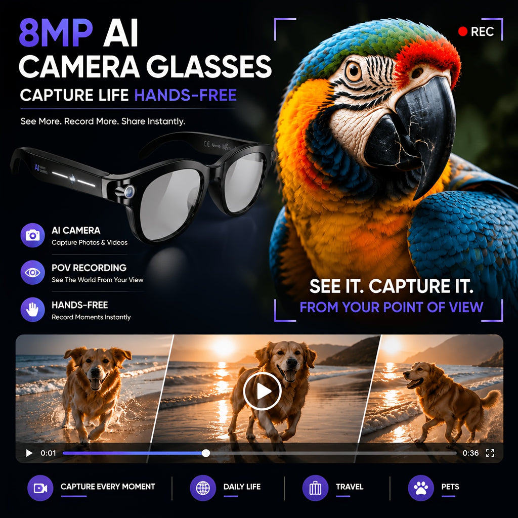 Replaceable-Lens AI Smart Glasses with Listed 8MP Camera, Image Stabilization, Video and Audio Recording, Translation, Voice Control and Music Playback