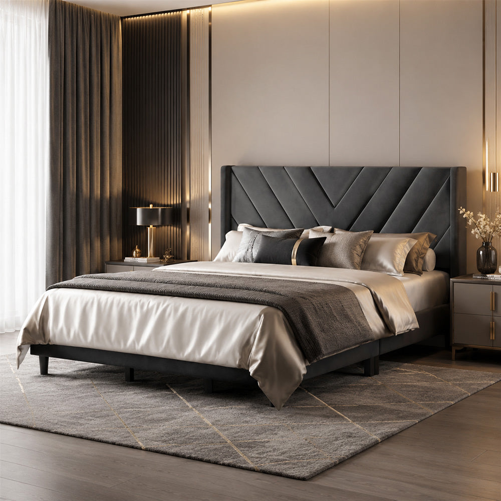 Velvet Platform Bed Frame by Costoffs with Wingback Headboard and Geometric Stitching, Wooden Slat Support, No Box Spring Needed, Twin to King Options