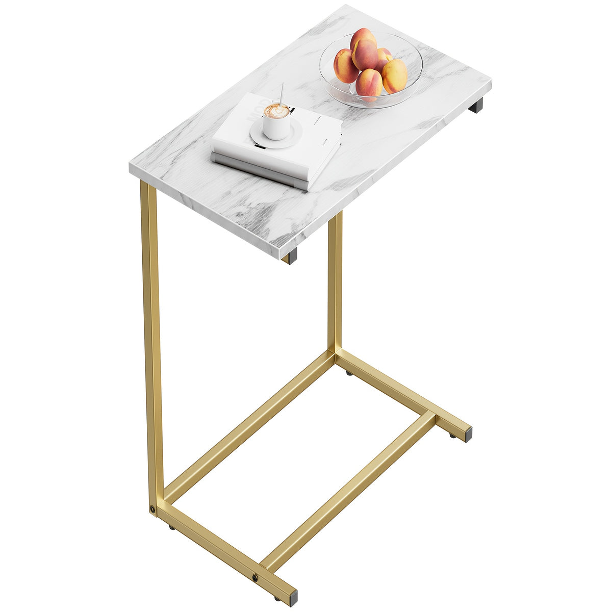 C-Shaped Sofa Side Table with Metal Frame, Marble-Pattern, Gray or Brown Options for Living Room Seating, Bedroom Essentials and Home Office Surface Space