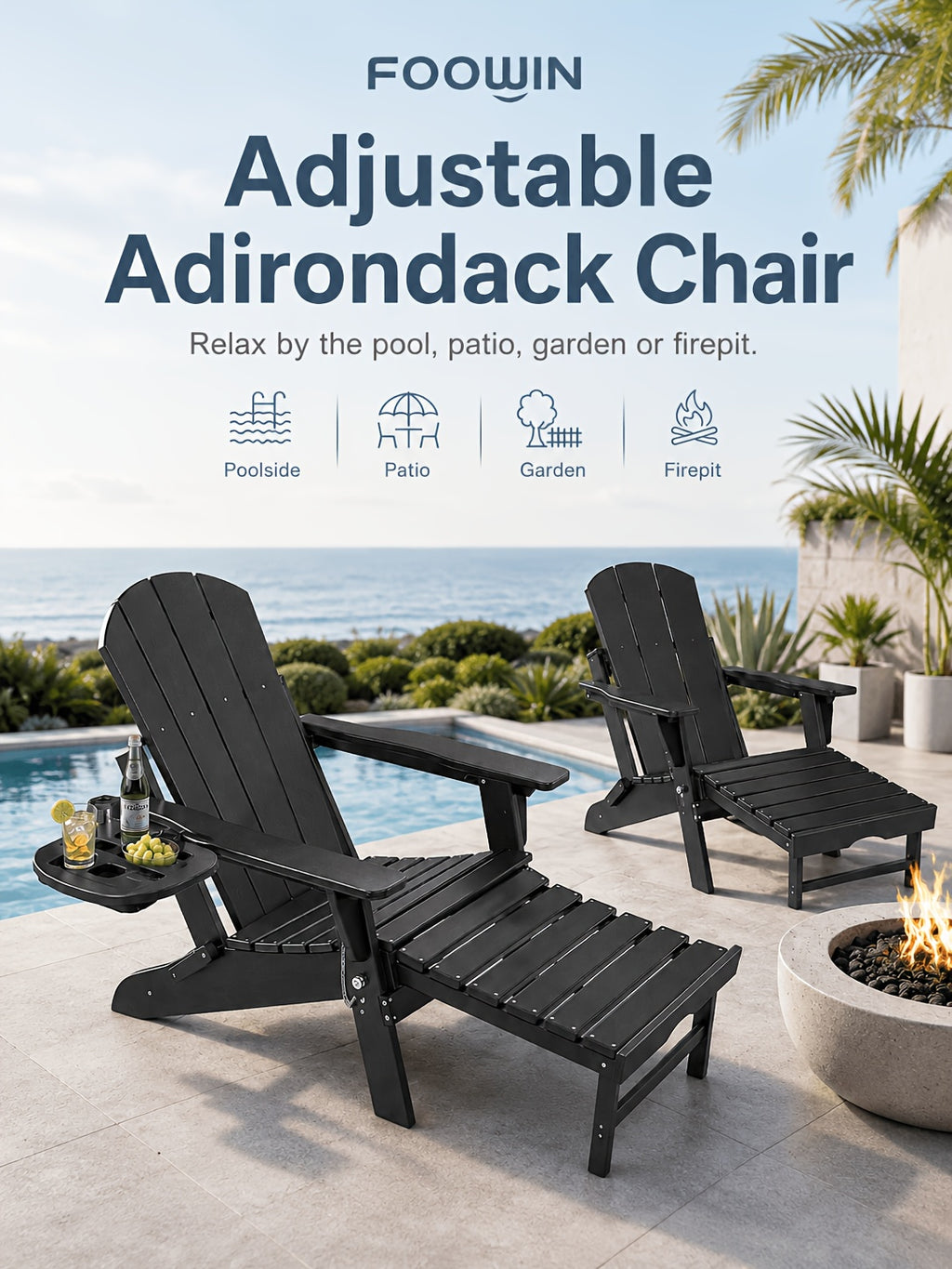 Adjustable Adirondack Chair by FOOWIN in HDPE for Patio, Lawn and Garden Seating, Single or Two-Chair Options with Selected Footrest-Free Configurations