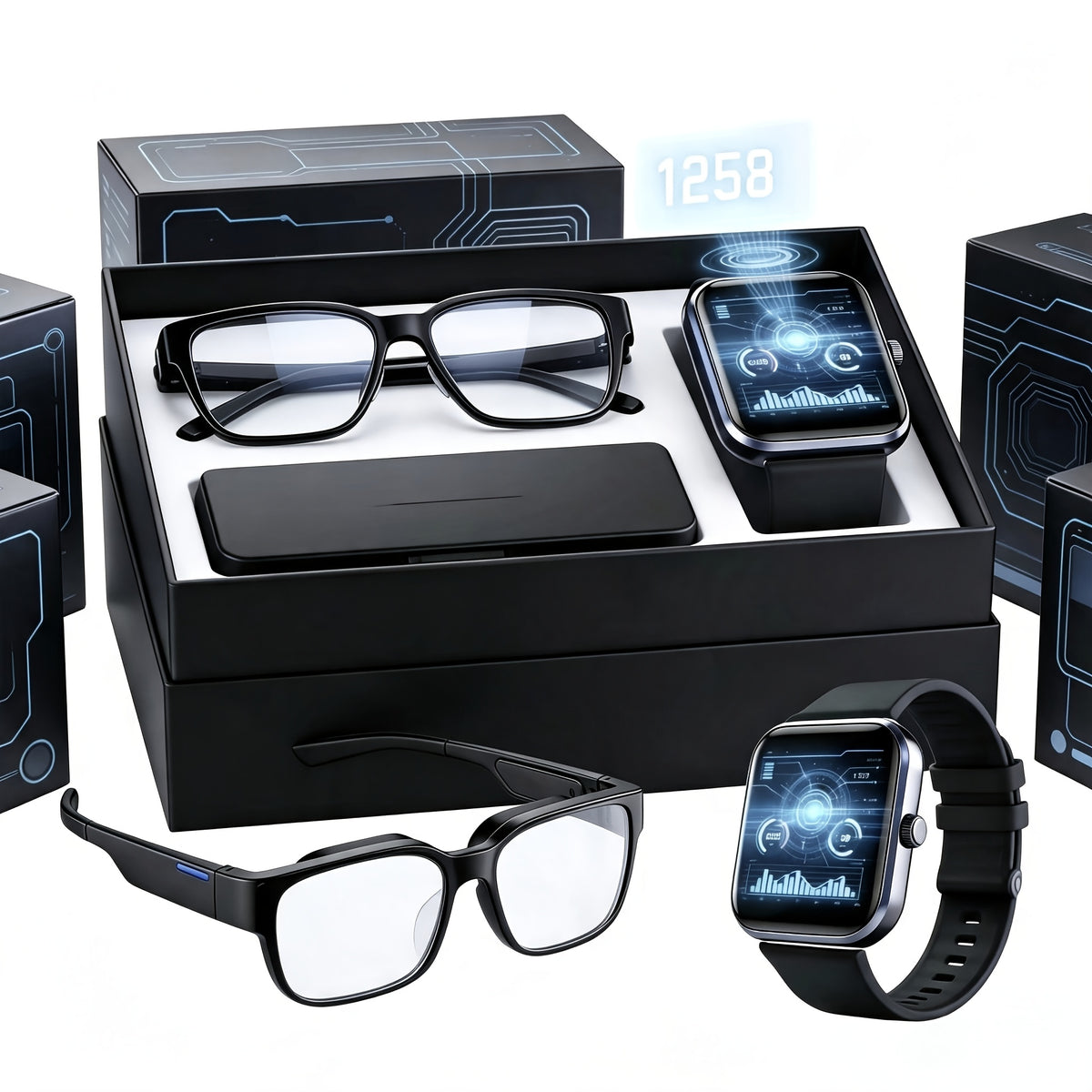 AI Translation Glasses and Touchscreen Smartwatch Set, 164 Languages, Unisex Audio Eyewear with Music Playback and Multiple Sports Modes for Office and Travel