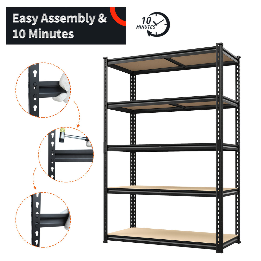 Five-Tier Garage Storage Shelving with Adjustable Shelf Heights, Listed 72-Inch Metal-Frame Rack in Black or Galvanized Options for Pantry and Basement Organization