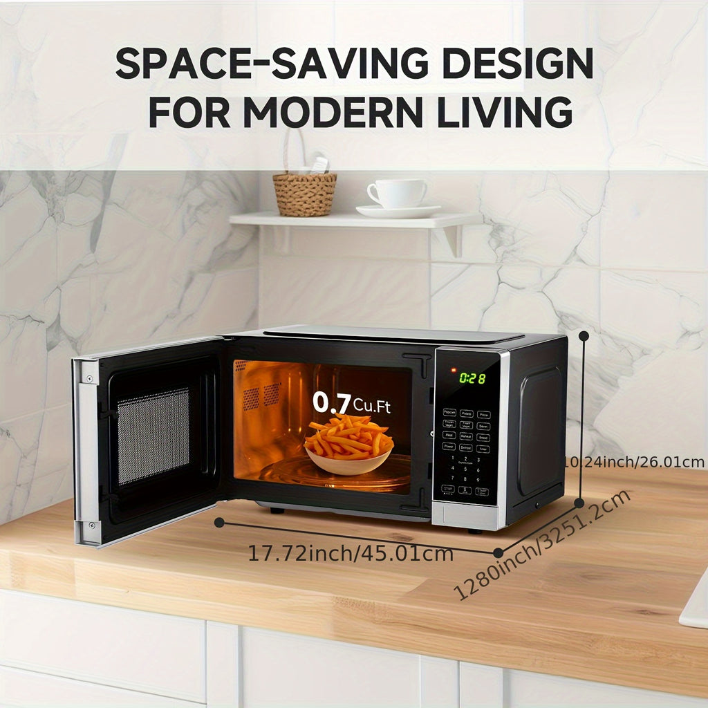 Countertop Microwave Oven by AMZCHEF, 0.7 Cubic Feet Compact Tabletop Appliance with Listed 9 Preset Recipes, Defrost and Clock Functions for Everyday Meals