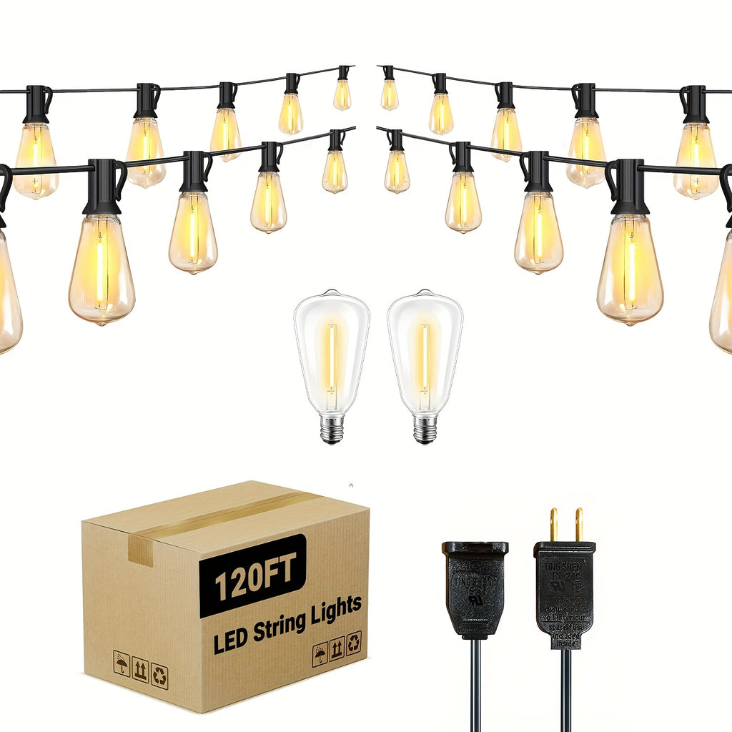 LED Outdoor String Lights, Edison-Style Decorative Bulbs with 2700K Warm Light Labels in 50ft, 100ft or 120ft Options for Patio, Porch and Cafe Displays