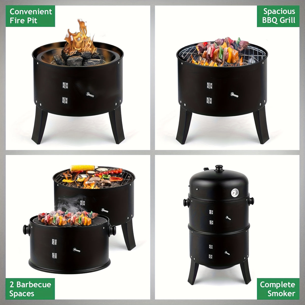Portable Charcoal Smoker Grill with 3-in-1 Outdoor Cooking Design, Lid Thermometer, Adjustable Height and Top Air Vent, Black Standard or Upgrade Selection