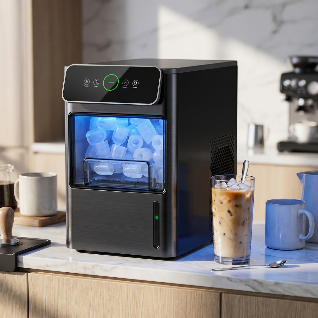 Tabletop Bullet Ice Maker with Water Level Window, Automatic Cleaning, Basket and Scoop, Listed 22lb or 26lb Model Options for Kitchen Drinks and Parties