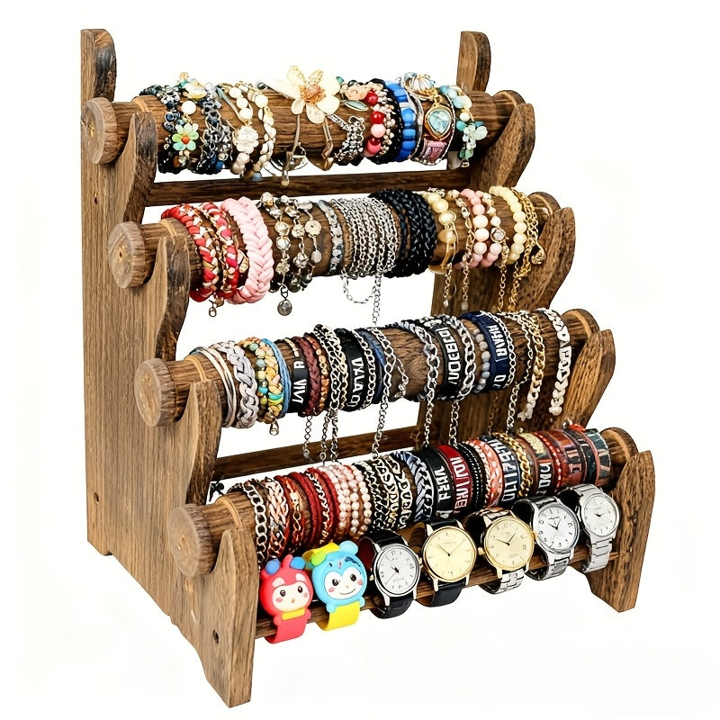 Wooden Bracelet Organizer, 4-Tier Vintage Jewelry Display Rack for Necklaces, Watches and Hair Ties, Desktop Storage for Dresser & Vanity