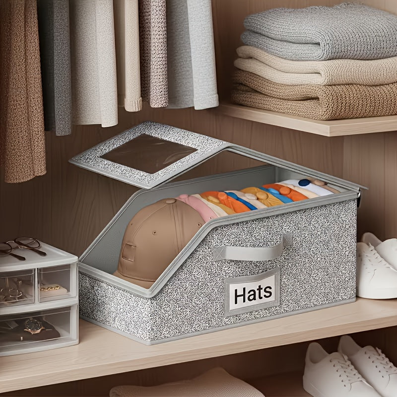 Stackable Baseball Cap Storage Boxes with Clear Viewing Window, Gray Hat Organizers in 2 or 4-Piece Sets for Closet Shelves, Socks and Small Accessories