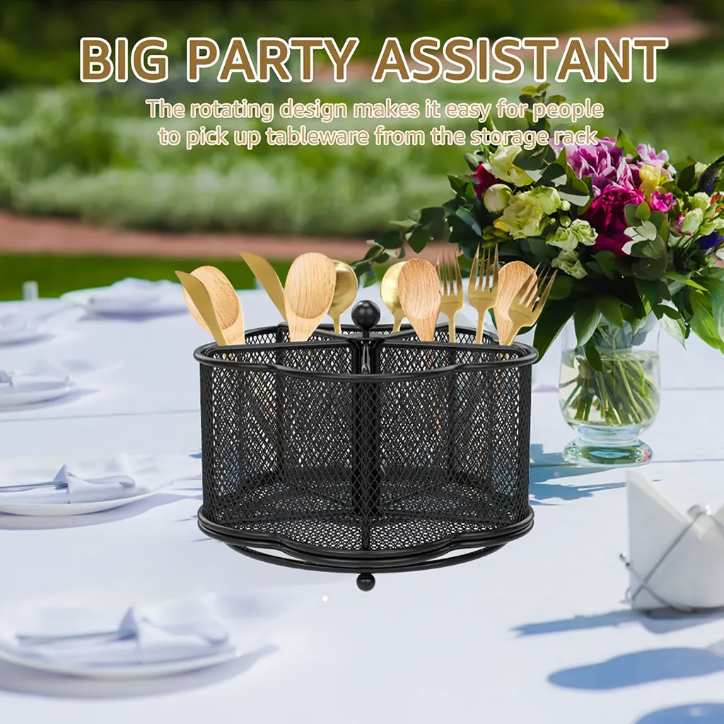 Rotating Metal Utensil Caddy, Five-Compartment Flower-Shaped Mesh Cutlery Organizer with 360-Degree Rotation and Weighted Base for Kitchen Counters and Buffets