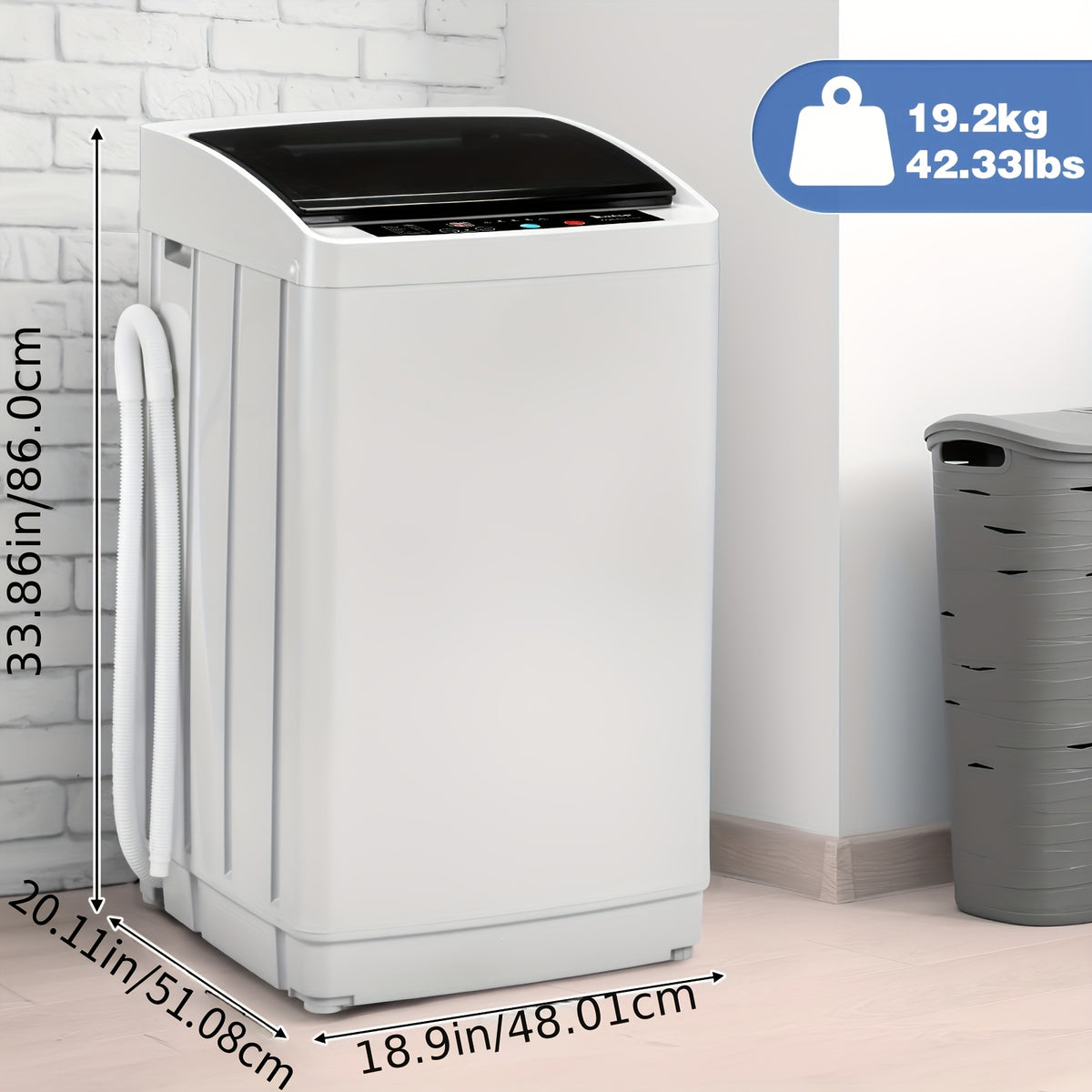 Automatic Top Load Portable Washing Machine with Spin Cycle and Listed Drain Pump, Multiple Gray or White Capacity Options for Apartment, Dorm and RV Laundry