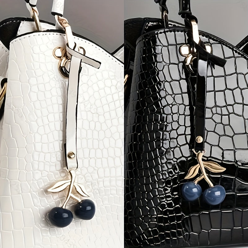 Faux Crocodile Texture Handbag, Women's Burgundy or White Fashion Bag with Cherry Pendant, Zipper Closure and Polyester Lining for Shoulder and Crossbody Styling