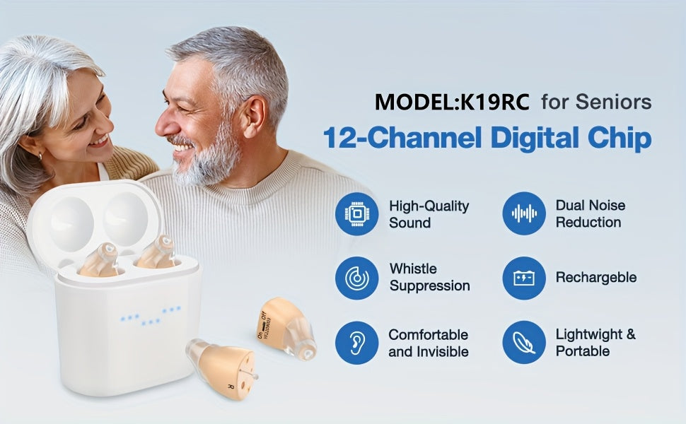 In-Ear Rechargeable Hearing Amplifier Pair with Listed Charging Case, K19RC and K19S Model Labels in Beige, RedBlue or Black for Adult Device Comparison