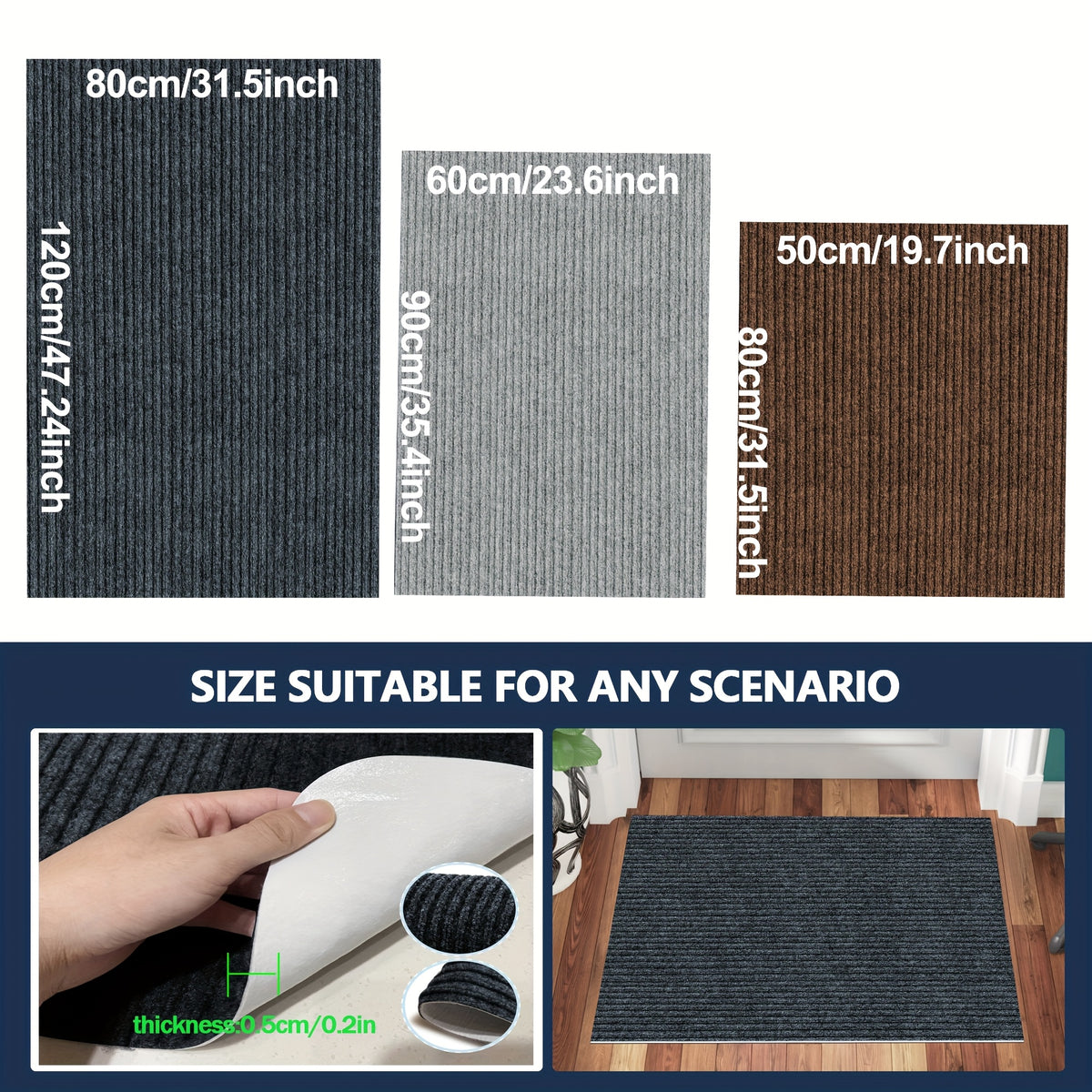 Low Profile Indoor Doormat and Entryway Runner with Grooved Surface and Listed Rubber Backing, Seven Size Options in Grey, Black or Brown for Home Entrances