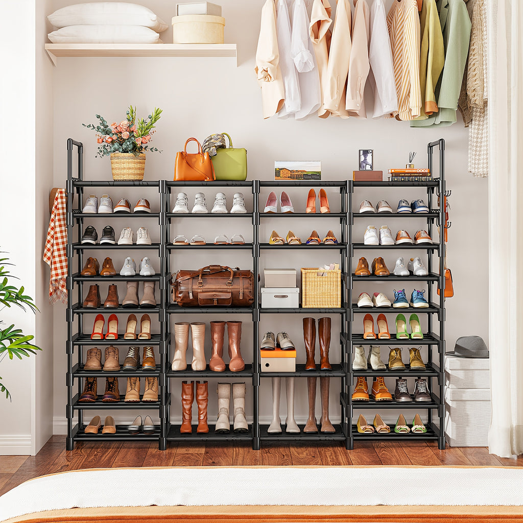 Four-Column Shoe Rack in Black with Six- or Nine-Tier Model Options, Listed Metal Construction and Customizable Layout for Entryway, Bedroom and Closet Footwear Storage