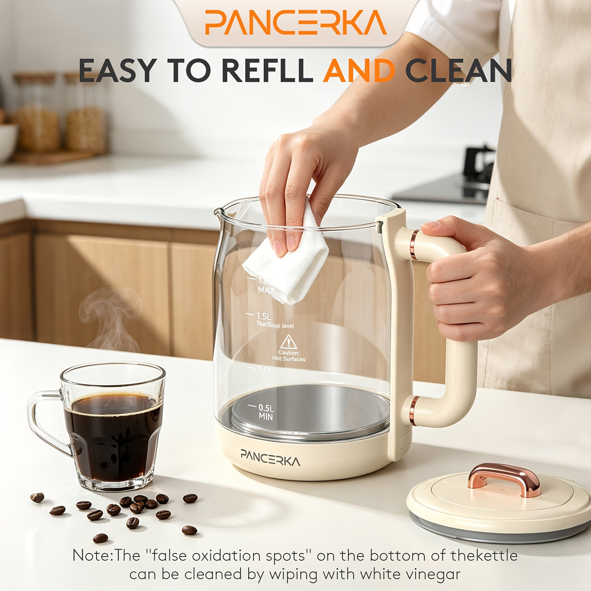 Electric Glass Tea Maker by PANCERKA, 1.8L Multifunction Kettle with Infuser and Detachable Filter in Beige for Home Tea Brewing & Kitchen Use