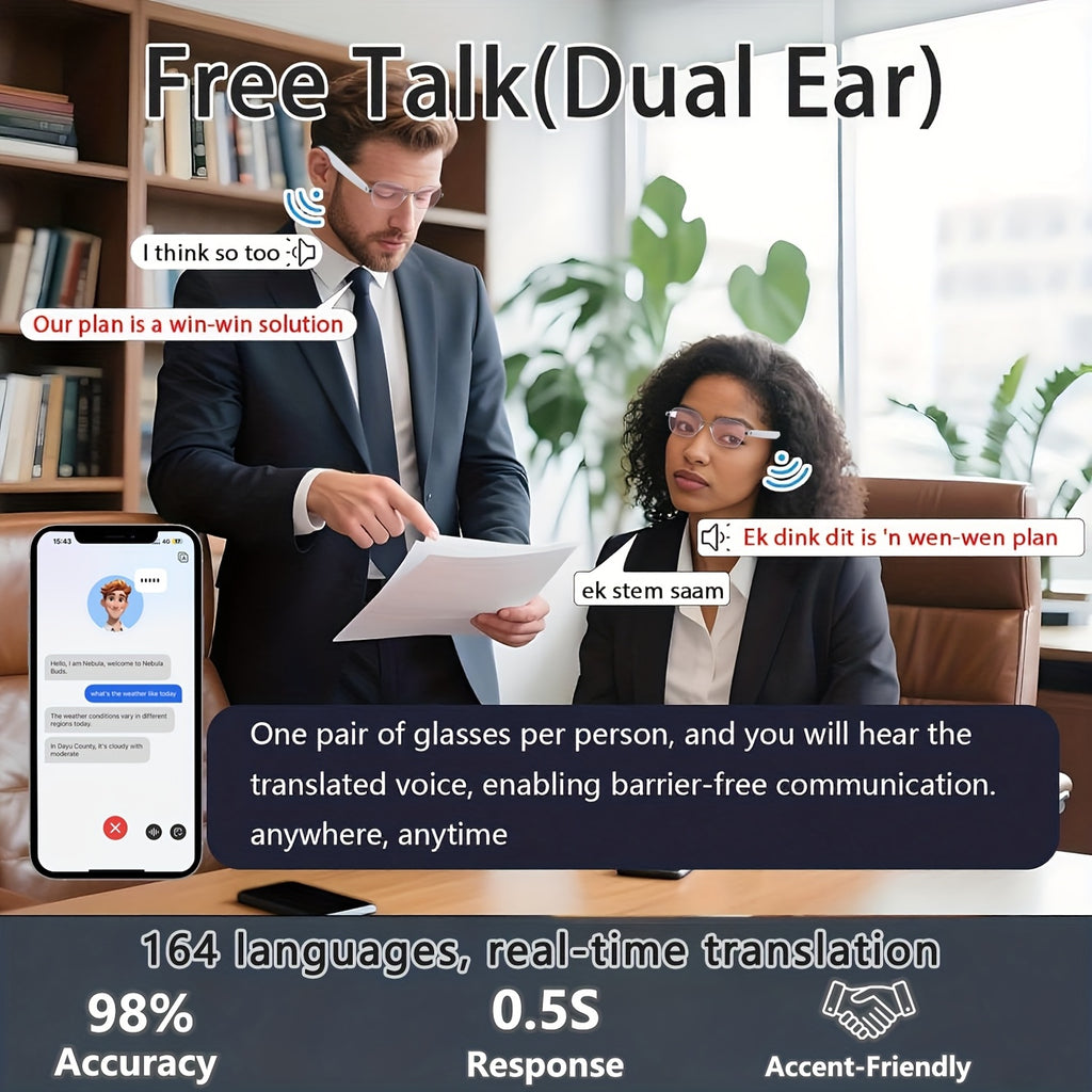 Auto-Tint AI Translation Glasses with Listed 164-Language Support, Calling and Music Playback, Black Metal or UF05 Gold and Silver Lens Options