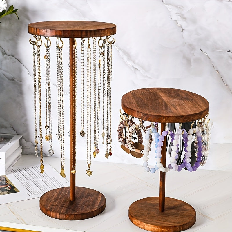 Round Wooden Jewelry Stand with 12-Hook Short or Tall-Leg Options, Vintage-Style Tabletop Necklace, Pendant and Bracelet Organizer for Home Display