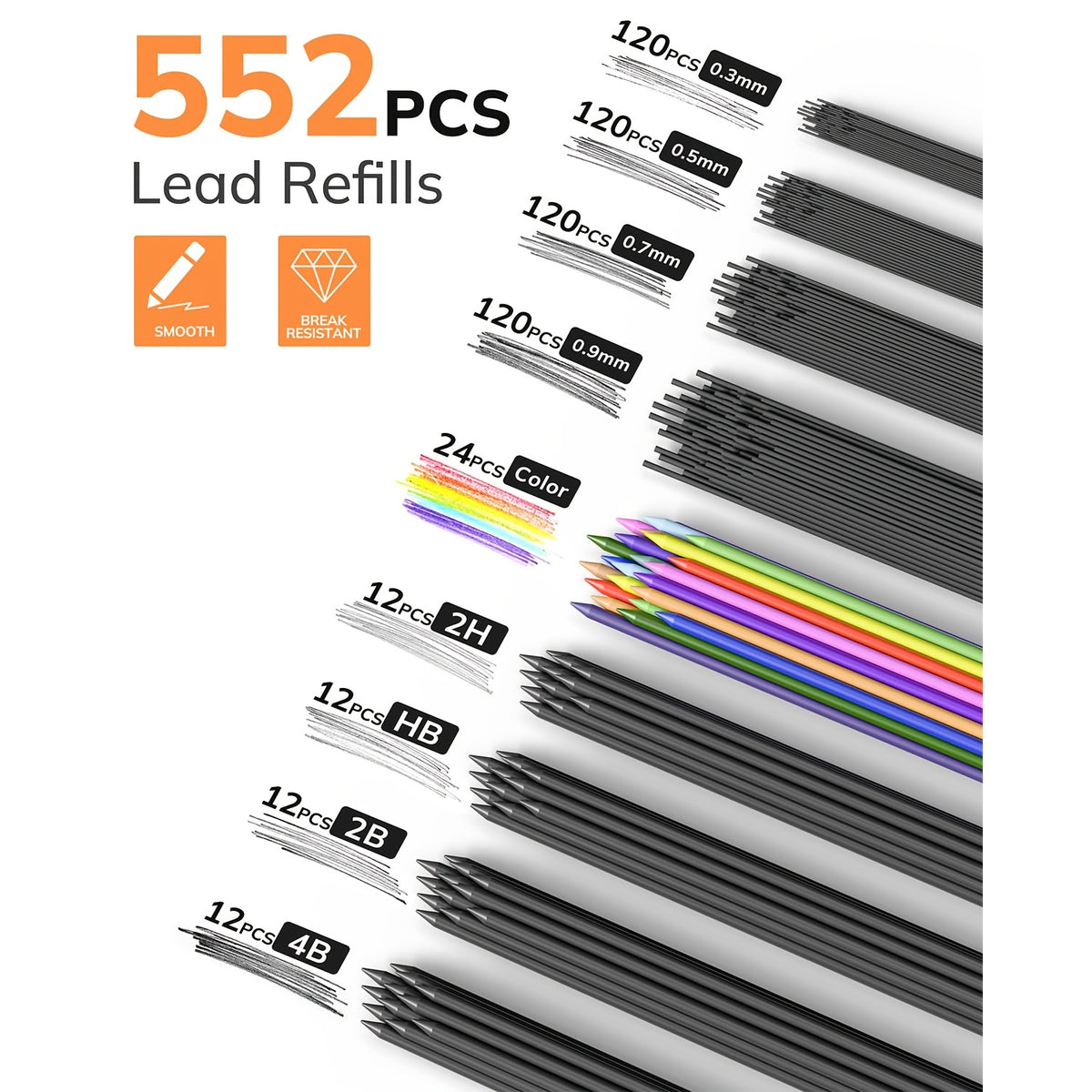 Mechanical Drawing Pencil Set by Four Candies with Case, Four 0.3 to 0.9mm Metal Pencils, Two 2mm Lead Holders and Listed 552 Graphite Refills for Sketching