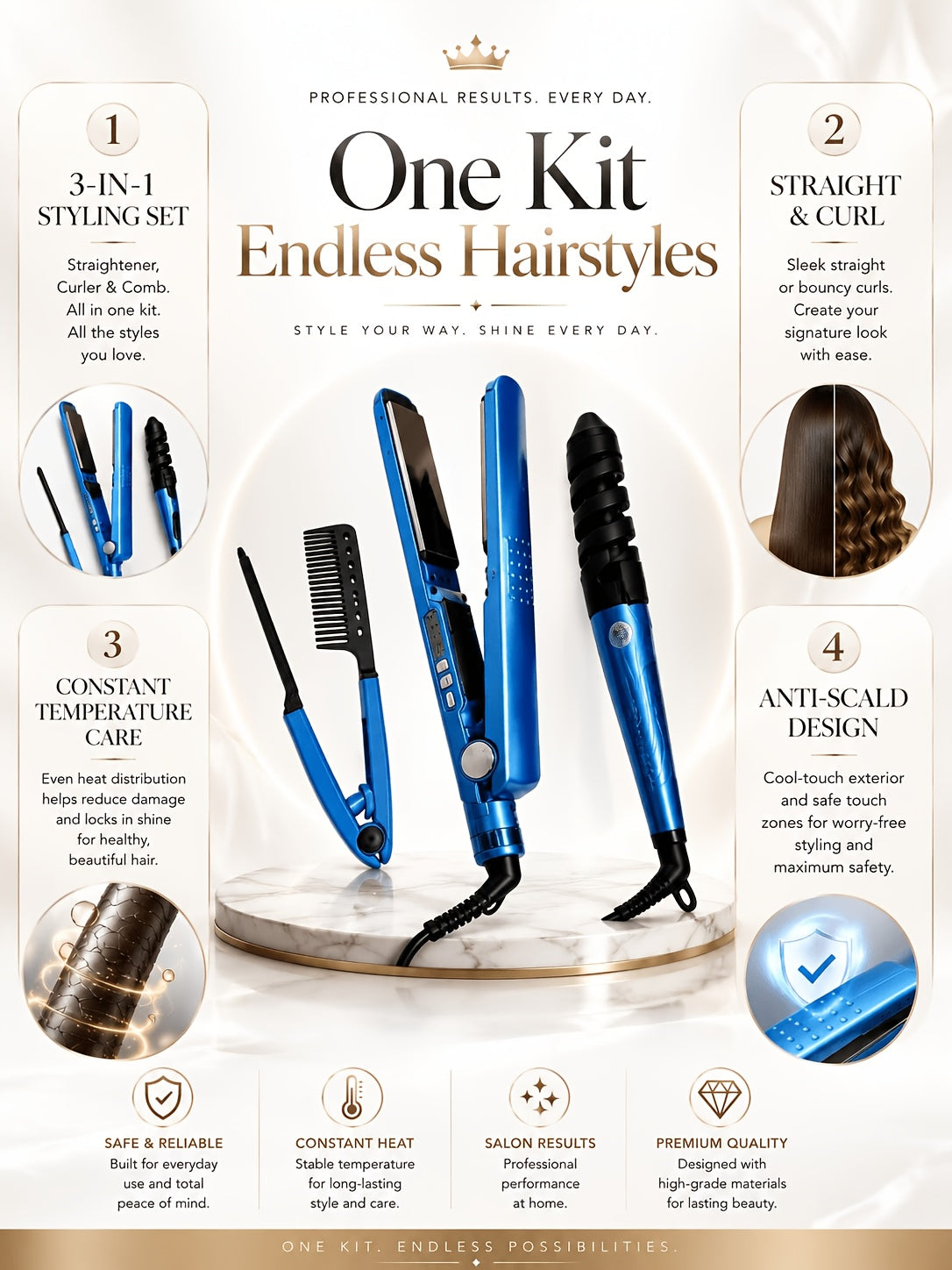 Flat Iron and Curling Iron Hair Styling Set with Comb, Upgraded Three-in-One Kit for Straight Hair, Curls and Wave Styling Routines, Birthday or Mother's Day Gift Idea