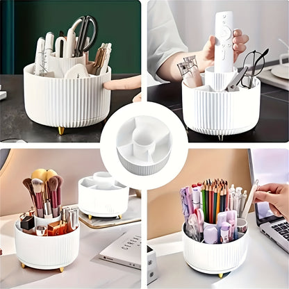Rotating Makeup Organizer with Five Compartments, 360-Degree Plastic Cosmetic Brush and Lipstick Holder with Stripe Design for Vanity Storage and Desk Stationery