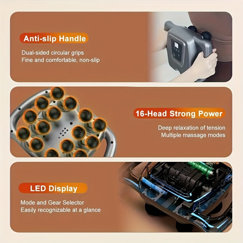 16-Drive Muscle Massager with Listed Multi-Head Design, Nine Massage Modes and 99 Intensity Settings, 25W ABS Personal-Care Device with Charging Cable and Manual