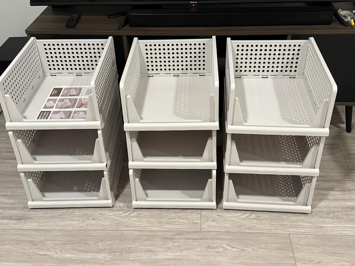 Stackable Closet Storage Baskets, 3-Piece Foldable Organizer Set with Listed 16.73 x 13.11 x 7.2 Inch Bins for Clothes, Files and Household Essentials