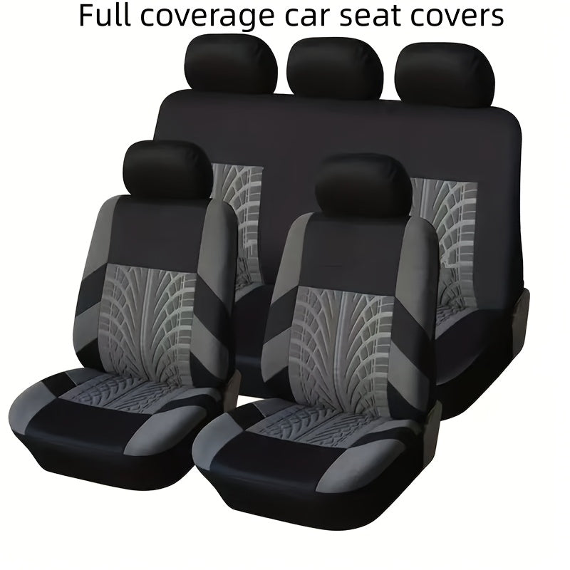 Tire-Track Car Seat Covers for Five Seats, Full-Enclosure Breathable Fabric Style with Two Front and Three Rear Seat Coverage in Multiple Color Options