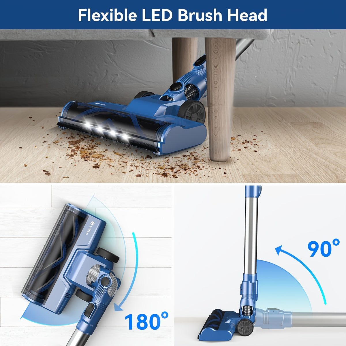 Stick Vacuum Cordless 46Kpa Powerful Suction, 6-in-1 Lightweight Vacuum Cleaner with Anti-Tangle LED-Lit Brush Head, Removable Battery for Hardwood, Carpet and Pet Hair