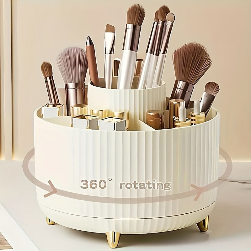 Rotating Makeup Organizer with Five Compartments, 360-Degree Plastic Cosmetic Brush and Lipstick Holder with Stripe Design for Vanity Storage and Desk Stationery