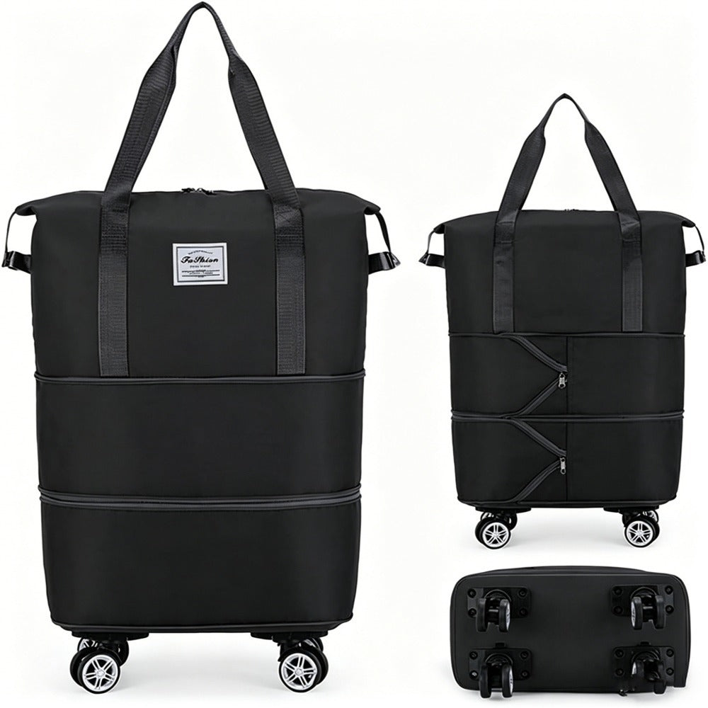 Three-Layer Expandable Travel Bag, Wheeled Clothing Duffel with Four Removable 360-Degree Wheels and Adjustable Pull Handle in Black, Pink, Blue or Purple