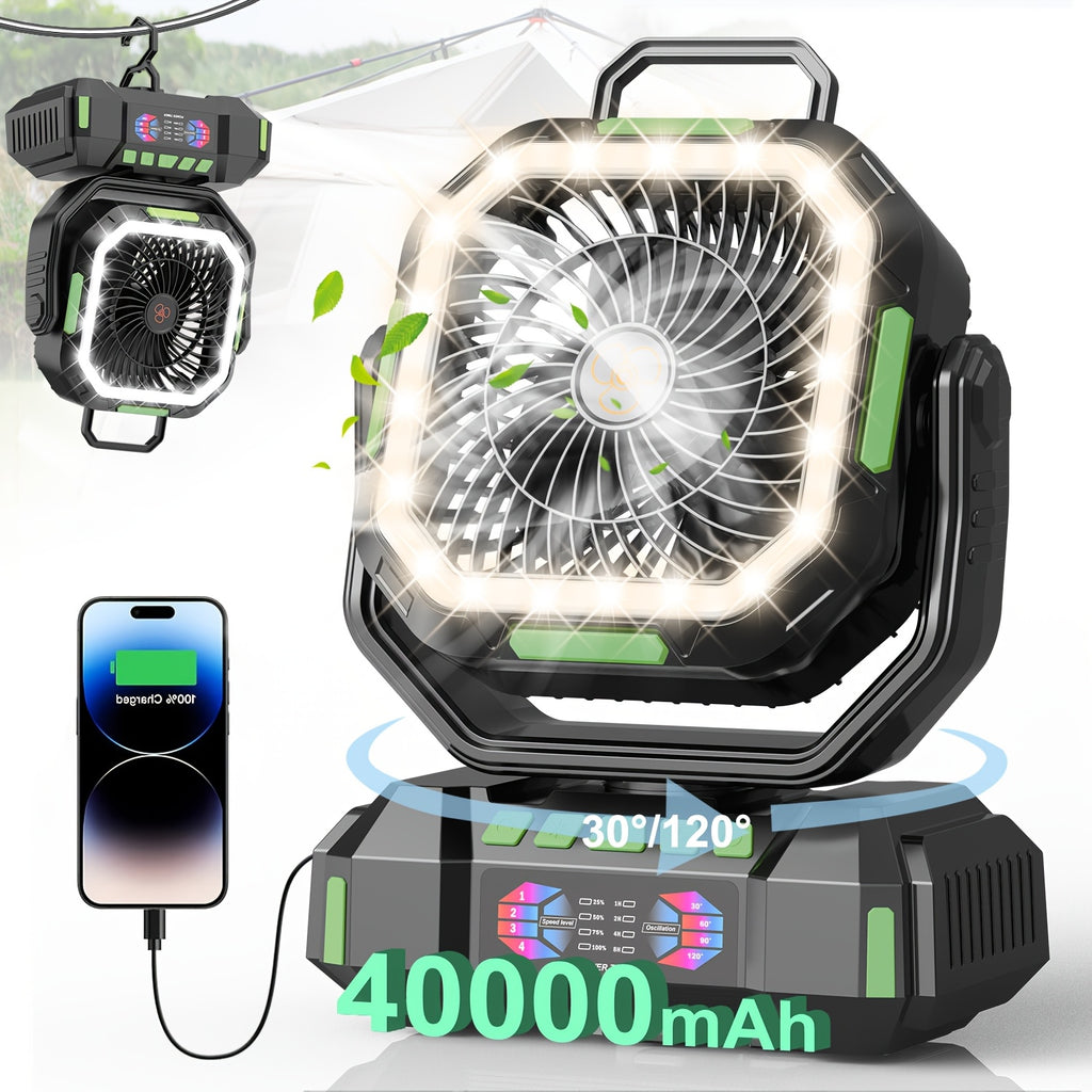 Portable Camping Fan with Listed 40000mAh Capacity, LED Light, Hanging Hook, Remote Control, Timer and Auto Oscillation in Green, Orange or Black