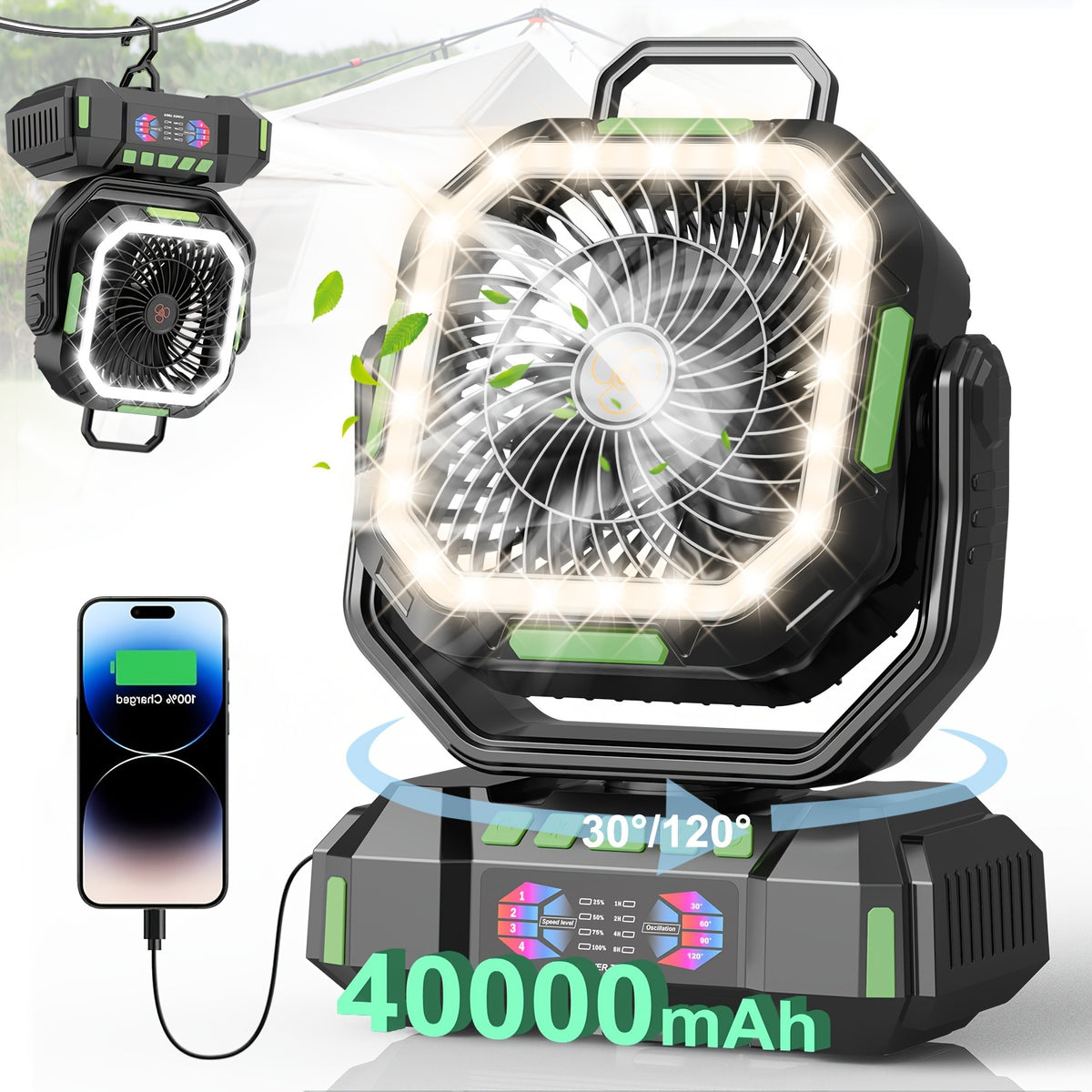 Portable Camping Fan with Listed 40000mAh Capacity, LED Light, Hanging Hook, Remote Control, Timer and Auto Oscillation in Green, Orange or Black