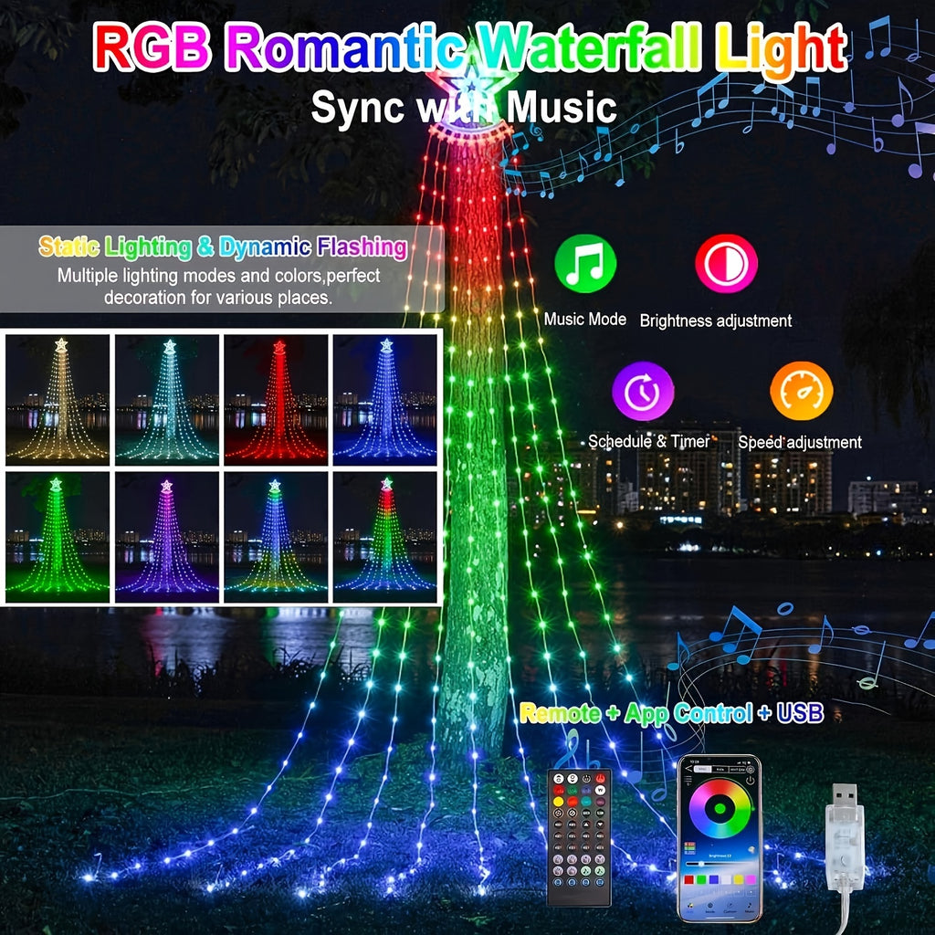 Waterfall Christmas Tree Lights with Star and Listed 350 LEDs, 11.8ft RGB Music-Sync Holiday Display with Remote, App Control, Timer and USB Power