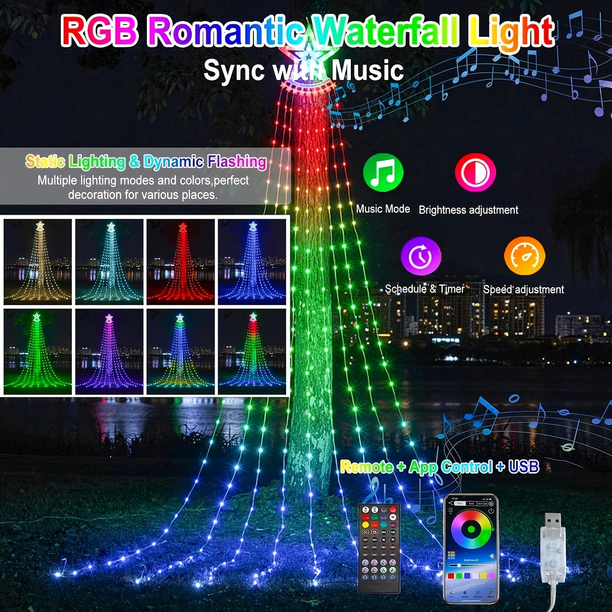 Waterfall Christmas Tree Lights with Star and Listed 350 LEDs, 11.8ft RGB Music-Sync Holiday Display with Remote, App Control, Timer and USB Power