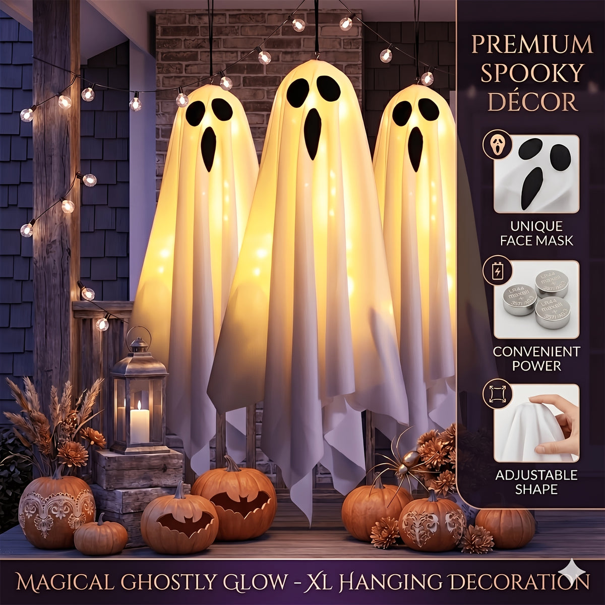 LED Hanging Ghost Decorations 3-Pack, Listed 20-Inch White Polyester Halloween Ghosts for Indoor Parties and Suitable Porch, Tree and Yard Displays